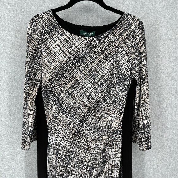 Lauren Ralph Lauren Crosshatch Jersey Sheath Dress Size 12 Neutral Office Ruched - Picture 2 of 13